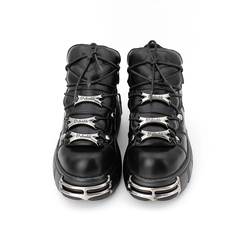 2025 New Brand Punk Style Women Shoes Lace-up heel height 6CM Platform Shoes Woman Rock Boots Metal Decor Woman Sneakers | Color:Black