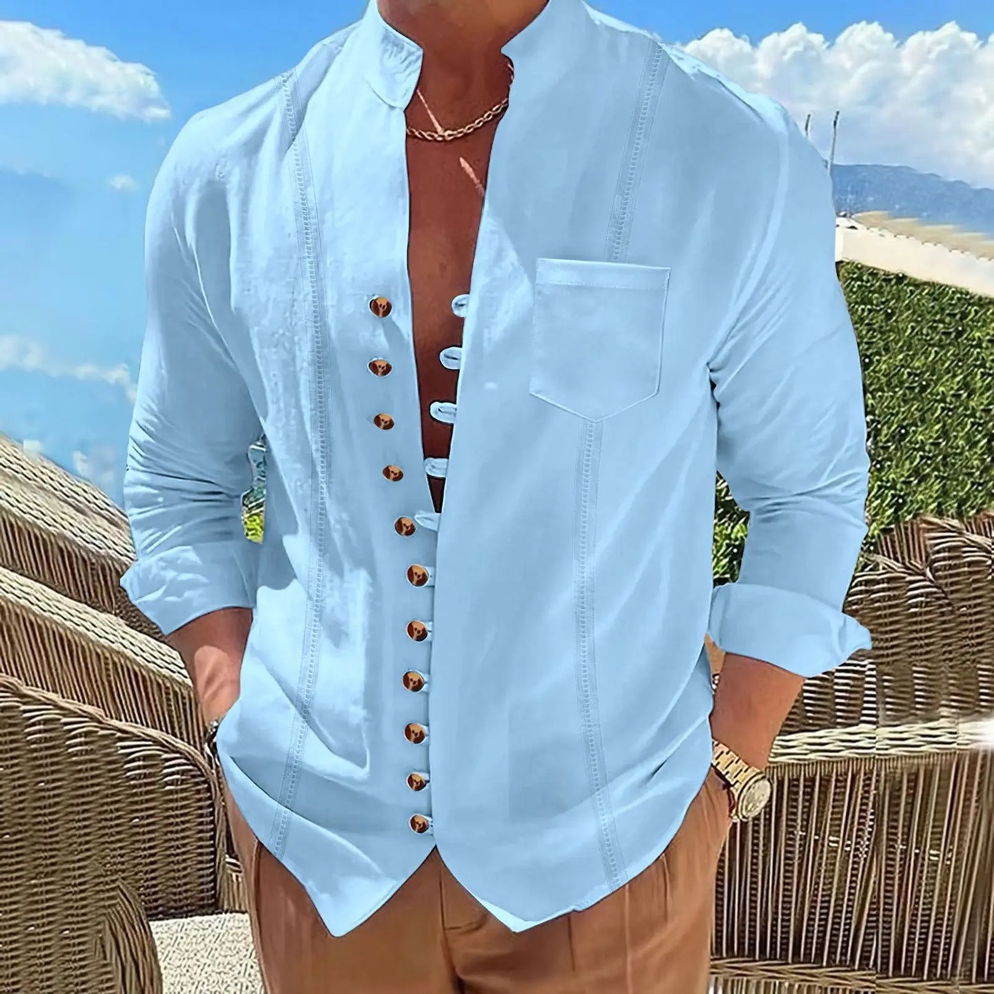 2025 Men's new cotton and linen pocket retro stand-up collar long-sleeved shirt Casual multi-button solid color striped cardigan | Color:Sky blue