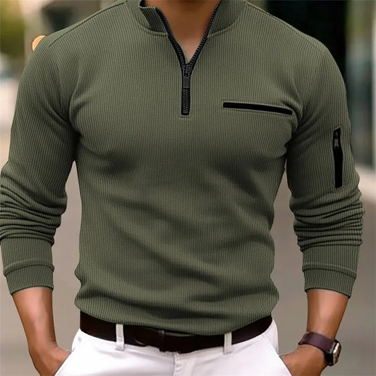New light luxury light mature casual men sports retro  style striped zipper  arm  fashion men  outdoor  long  sleeve POLO shirt | 0