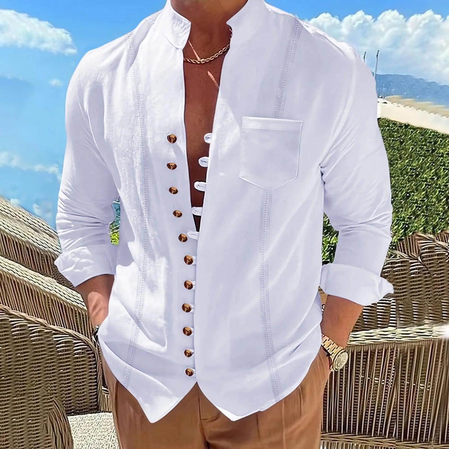 2025 Men's new cotton and linen pocket retro stand-up collar long-sleeved shirt Casual multi-button solid color striped cardigan | Color:white