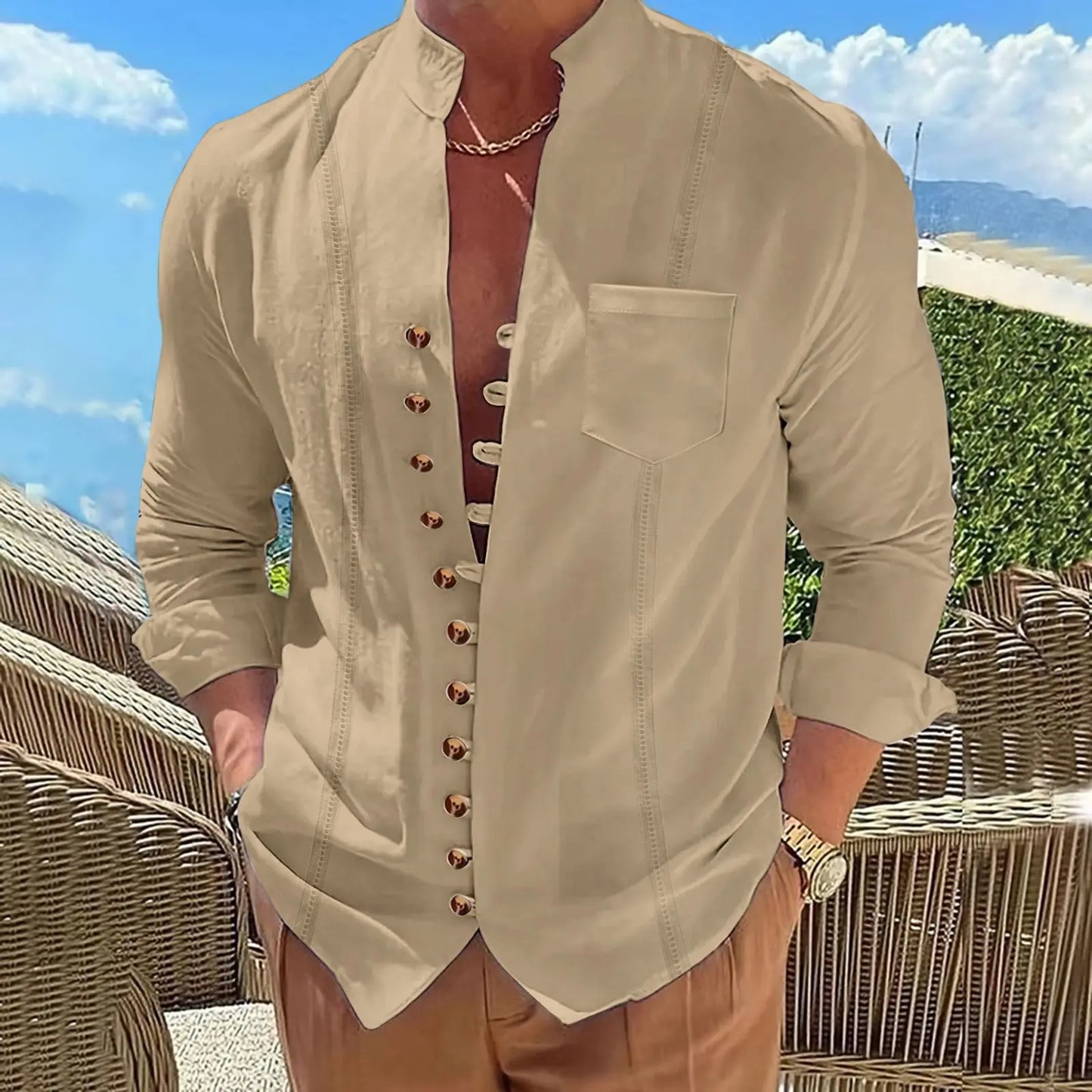 2025 Men's new cotton and linen pocket retro stand-up collar long-sleeved shirt Casual multi-button solid color striped cardigan | Color:khaki