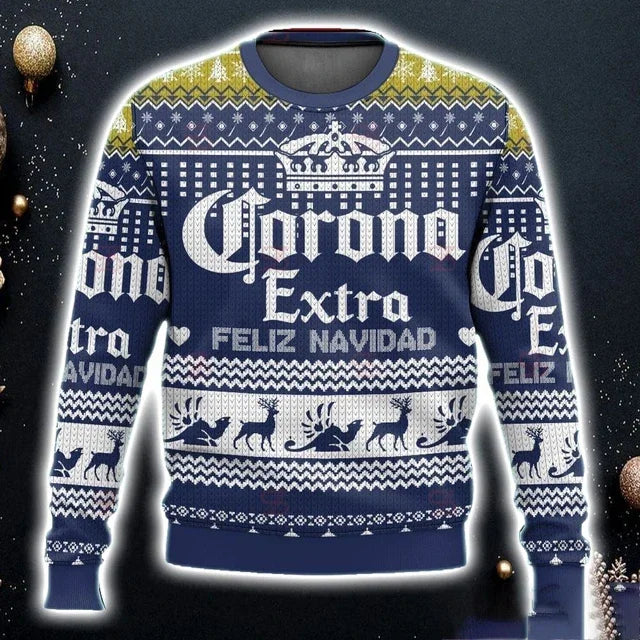 2025 New CORONA EXTRA Christmas Gift Ugly Sweater Hot Selling Merry Christmas Fashion 3D Printed Oversized O-neck Pullover shirt | Color:Beige