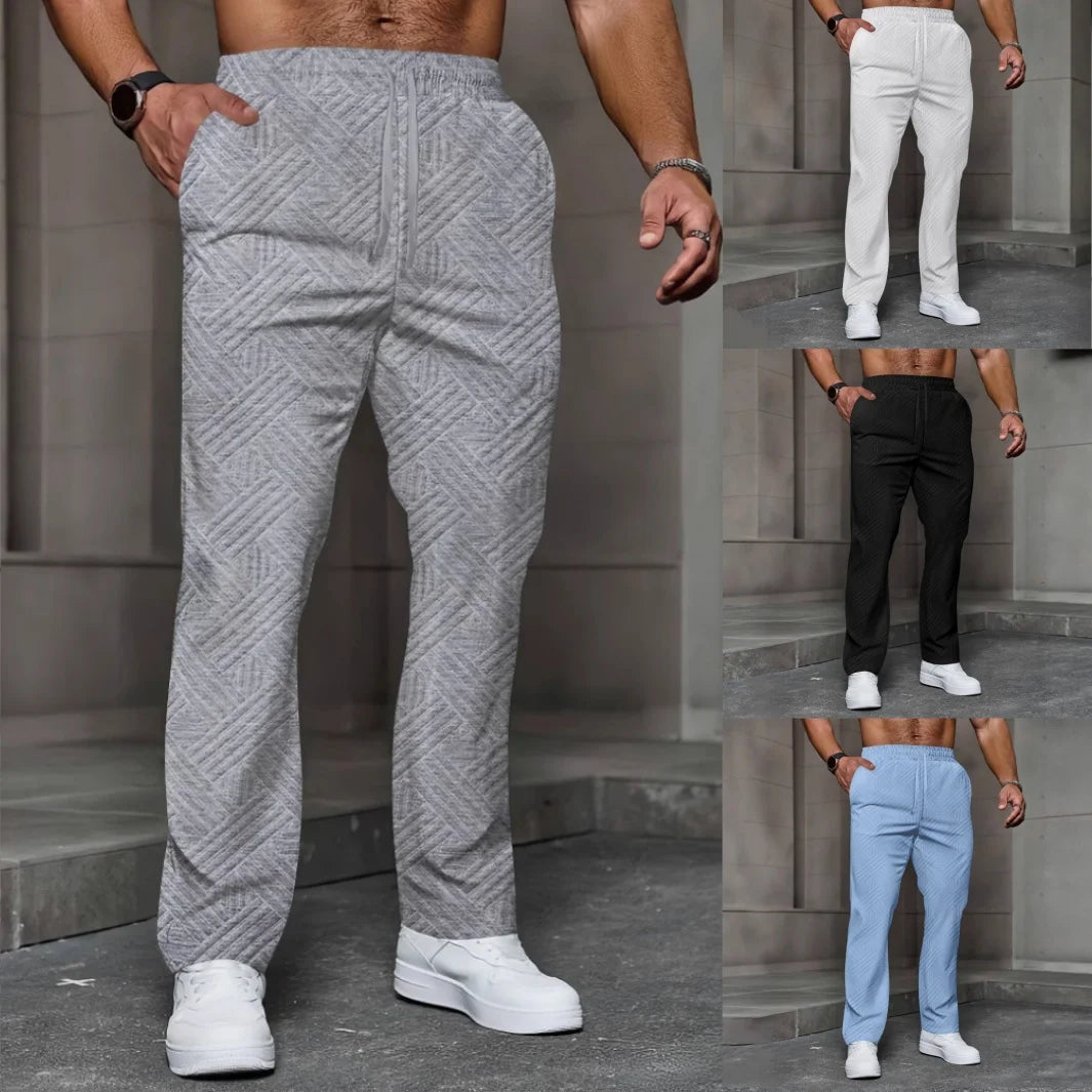 Men's sporty casual trousers, fashionable jacquard elastic waist street pants, solid-color loose all-season pants | 0
