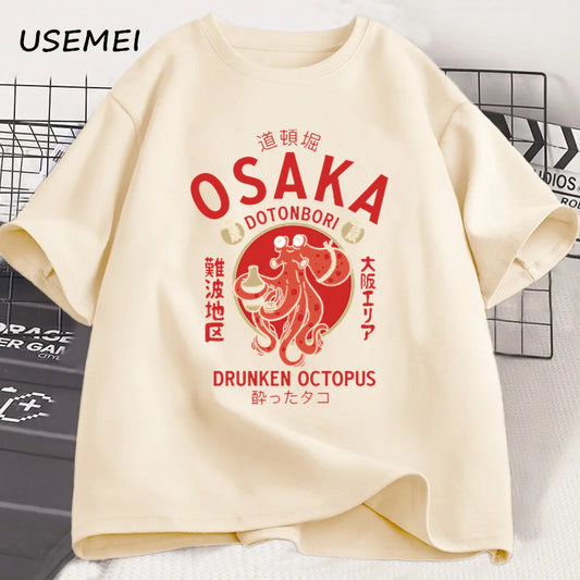Osaka Dotonbori Drunken Octopus Graphic T Shirts Japanese Style Street Food Lover Tshirt Cotton Vintage Short Sleeve Tees | 0