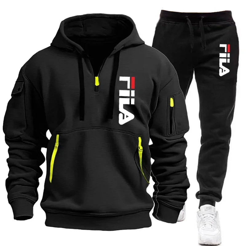Autumn and Winter 2025 new men's hooded sweatshirt + pants two-piece set, outdoor multi-pocket men's pullover sportswear set | Color:1