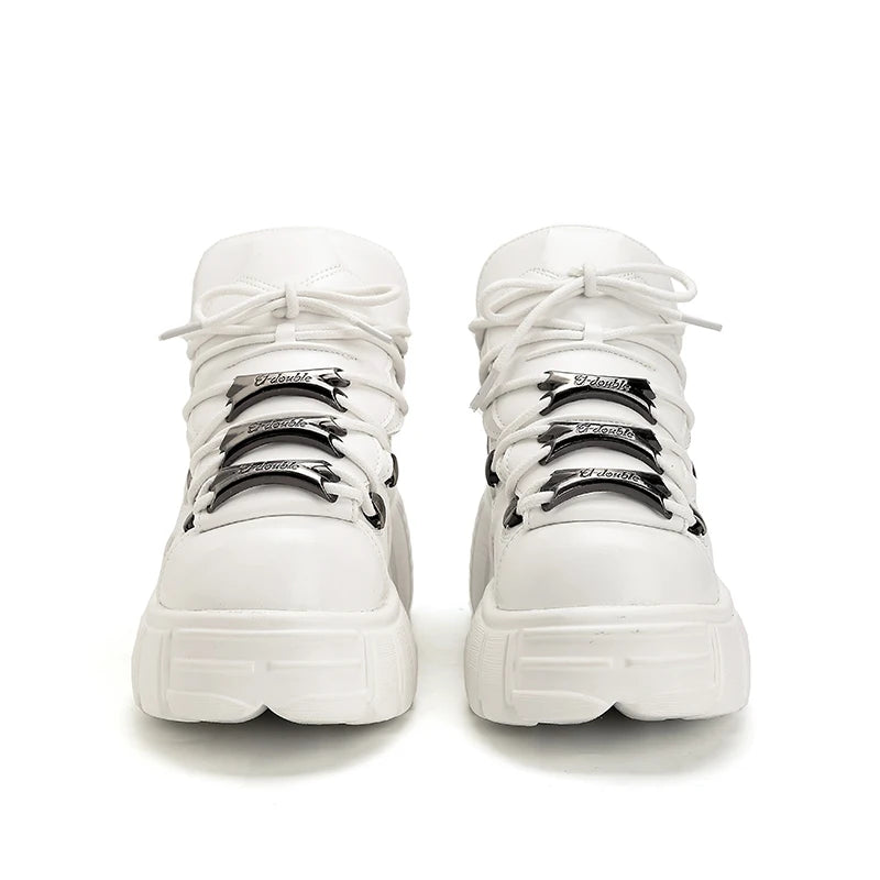 2025 New Brand Punk Style Women Shoes Lace-up heel height 6CM Platform Shoes Woman Rock Boots Metal Decor Woman Sneakers | Color:White