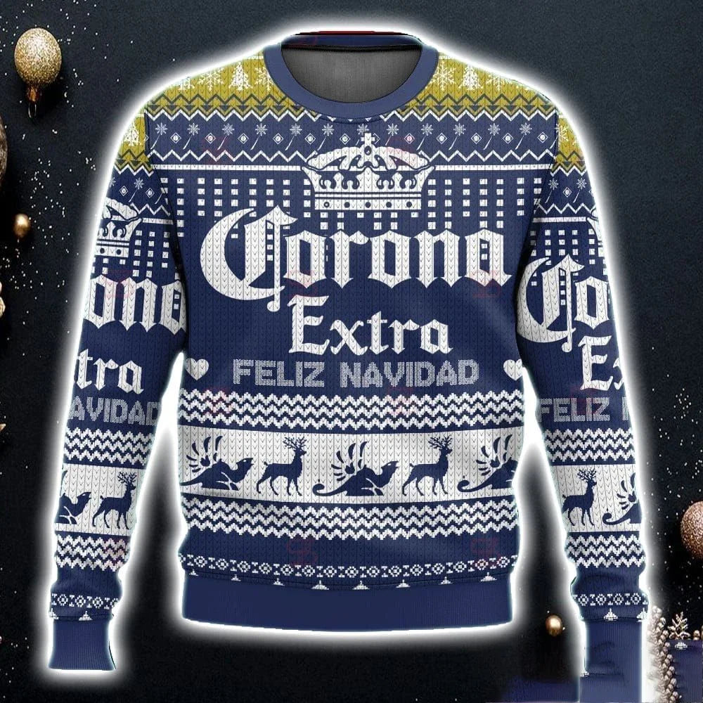 2025 New CORONA EXTRA Christmas Gift Ugly Sweater Hot Selling Merry Christmas Fashion 3D Printed Oversized O-neck Pullover shirt | 2