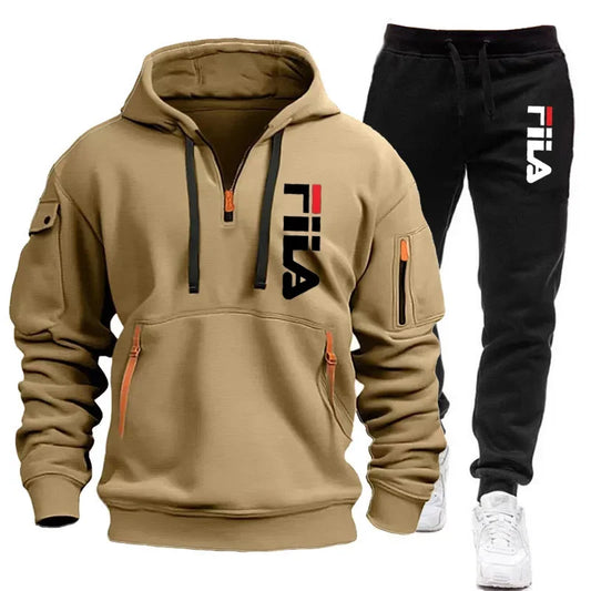 Autumn and Winter 2025 new men's hooded sweatshirt + pants two-piece set, outdoor multi-pocket men's pullover sportswear set | 0