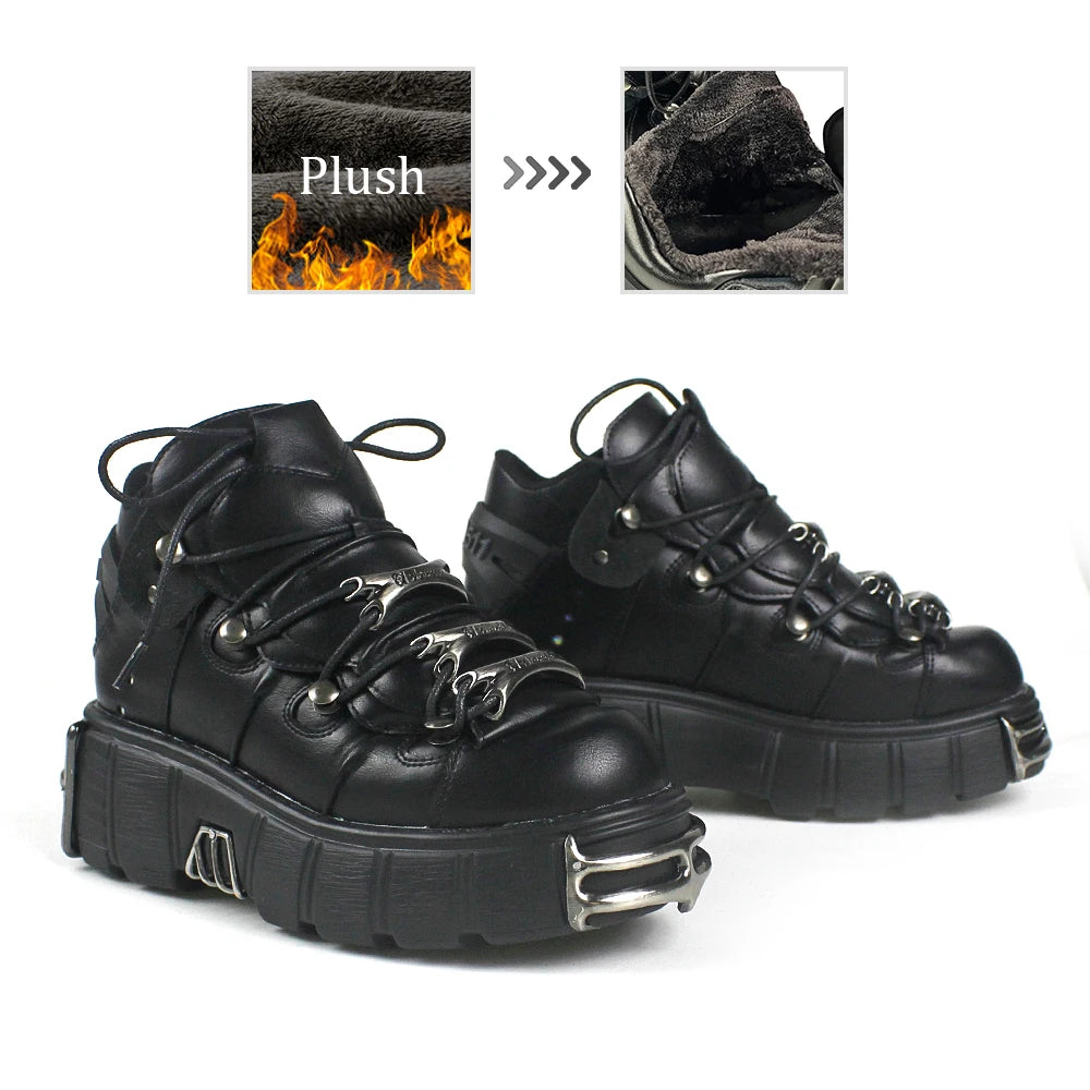 2025 New Brand Punk Style Women Shoes Lace-up heel height 6CM Platform Shoes Woman Rock Boots Metal Decor Woman Sneakers | Color:Black with Plush
