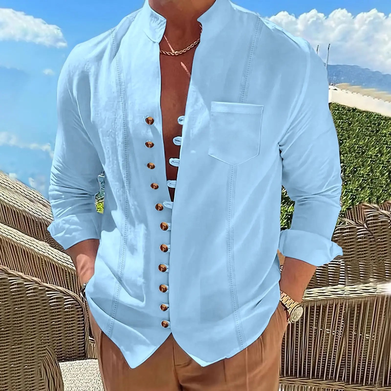 2025 Men's new cotton and linen pocket retro stand-up collar long-sleeved shirt Casual multi-button solid color striped cardigan | 1