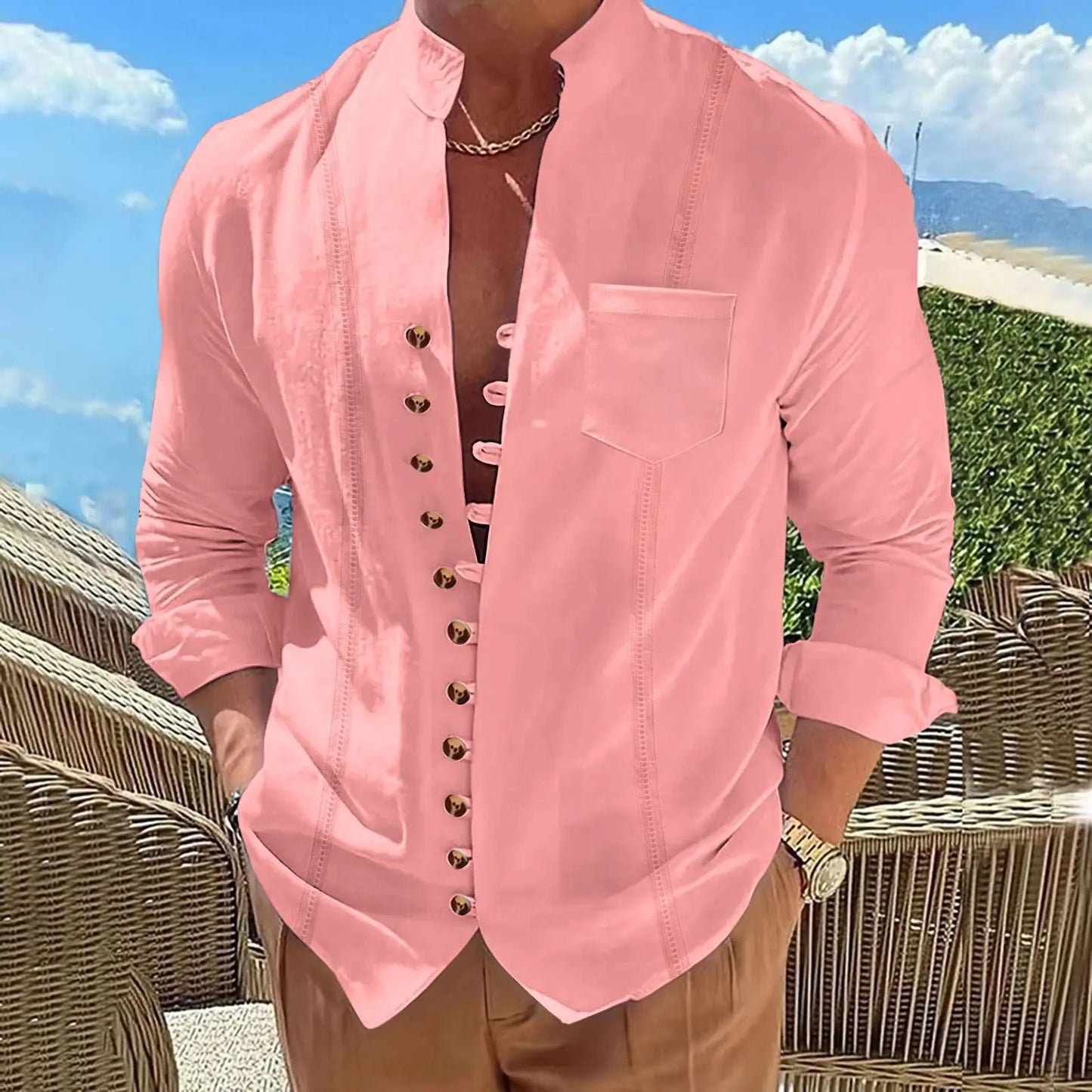 2025 Men's new cotton and linen pocket retro stand-up collar long-sleeved shirt Casual multi-button solid color striped cardigan | Color:pink