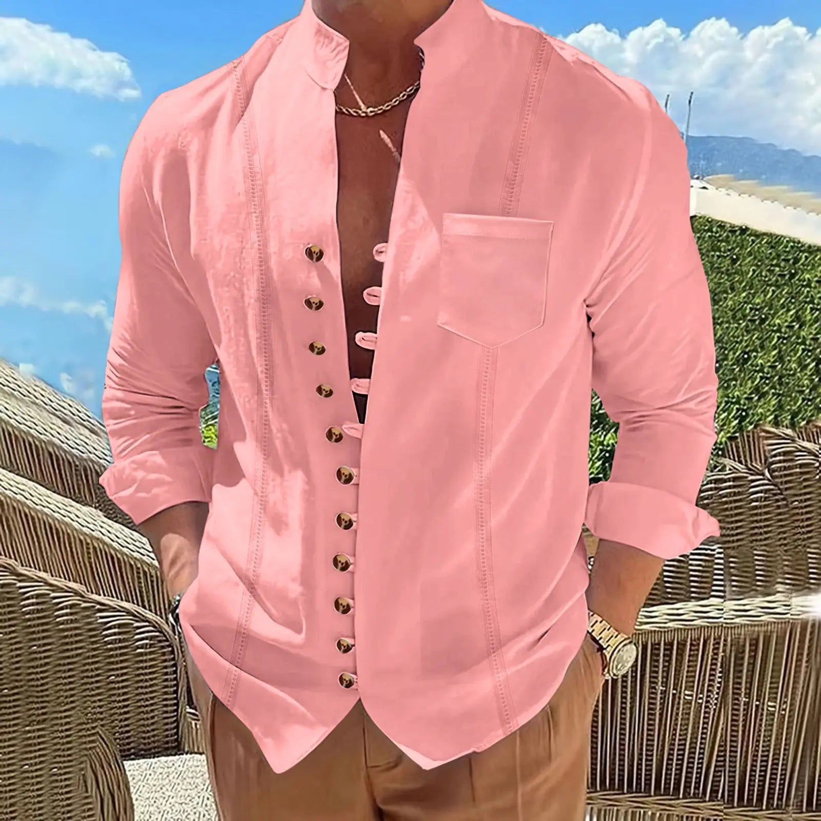 2025 Men's new cotton and linen pocket retro stand-up collar long-sleeved shirt Casual multi-button solid color striped cardigan | 4