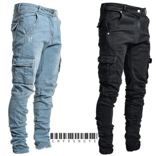 new Jeans Men Pants Wash Solid Color Multi Pockets Denim Mid Waist Cargo Jeans Plus Size Fahsion Casual Trousers Male Daily Wear | 0