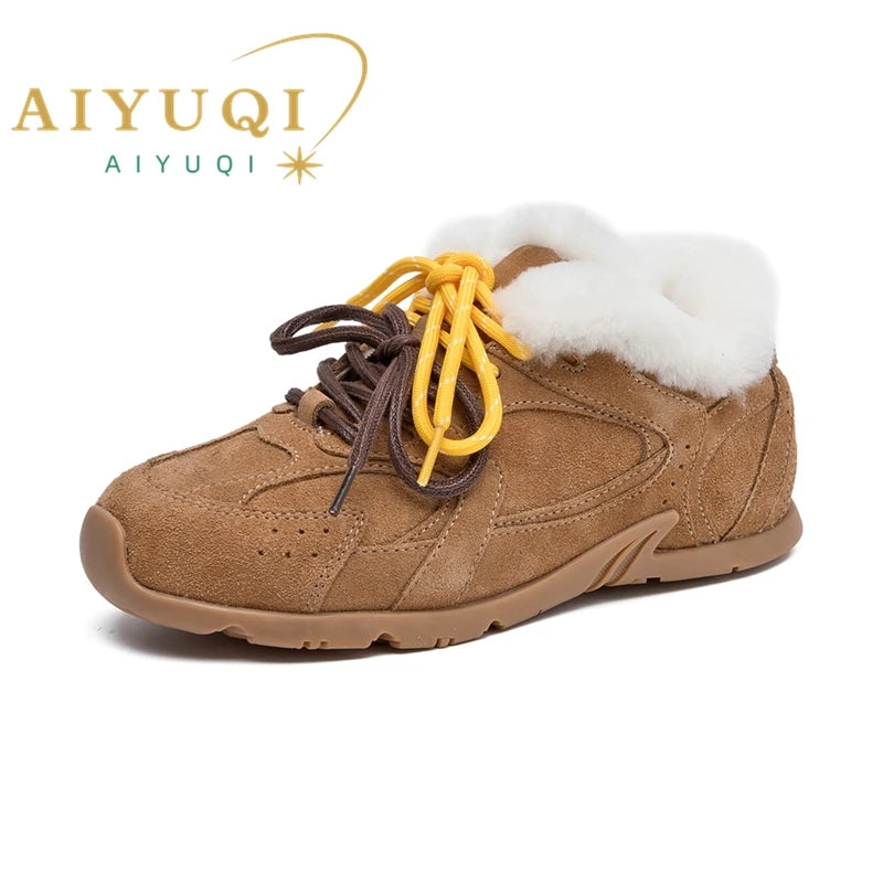 AIYUQI Women Sneakers New Genuine Leather Retro German Training Shoes Women Winter Velvet Fur Flat Casual Shoes Women | Color:Brown fluff