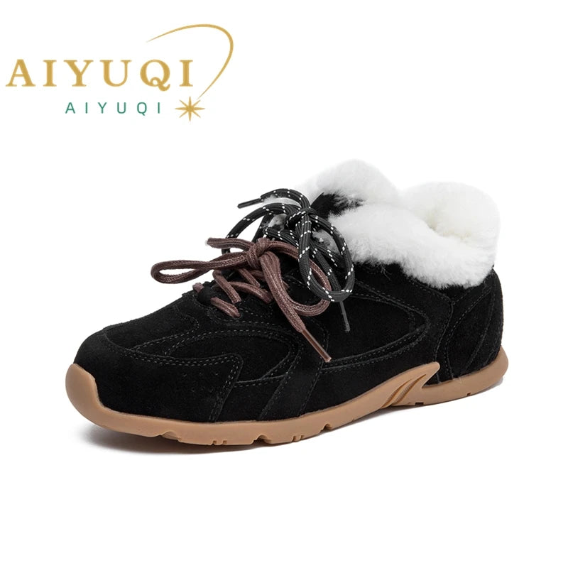 AIYUQI Women Sneakers New Genuine Leather Retro German Training Shoes Women Winter Velvet Fur Flat Casual Shoes Women | Color:Black fluff