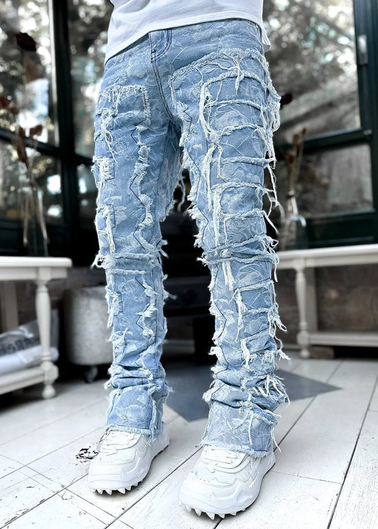 Men's Regular Fit Stacked Jeans Ripped Slim Fit Patch Distressed Destroyed Straight Denim Pants Hip Hop Streetwear Trouser Cloth | 0
