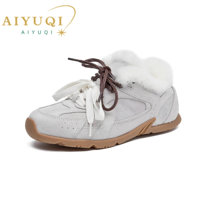 AIYUQI Women Sneakers New Genuine Leather Retro German Training Shoes Women Winter Velvet Fur Flat Casual Shoes Women | Color:Beige fluff
