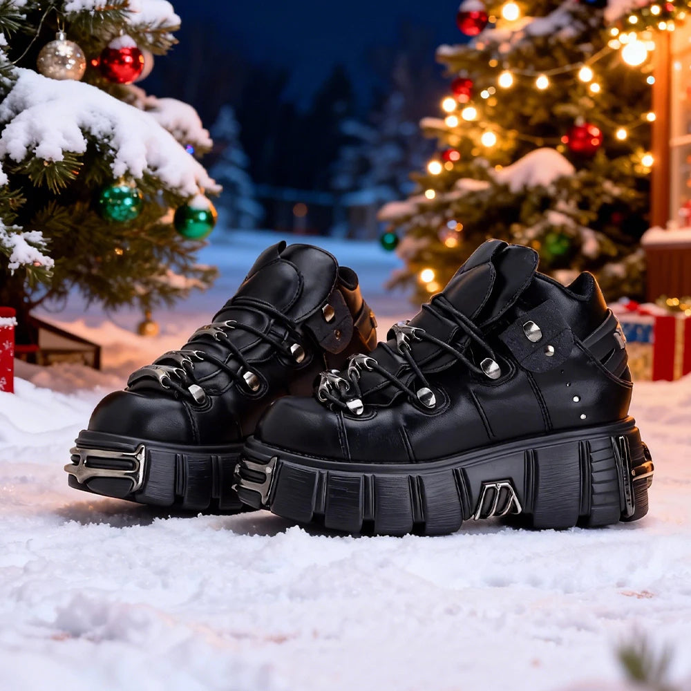 2025 New Brand Punk Style Women Shoes Lace-up heel height 6CM Platform Shoes Woman Rock Boots Metal Decor Woman Sneakers | 1